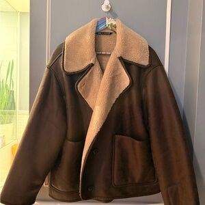 Zara Brown Vegan Leather Shearling Jacket